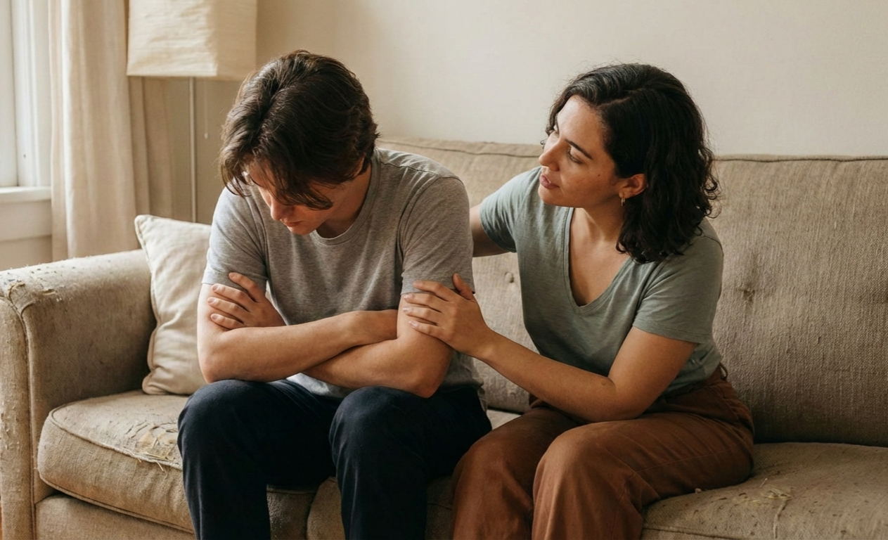 Madre apoyando sentimentalmente a un hijo con preocupaciones